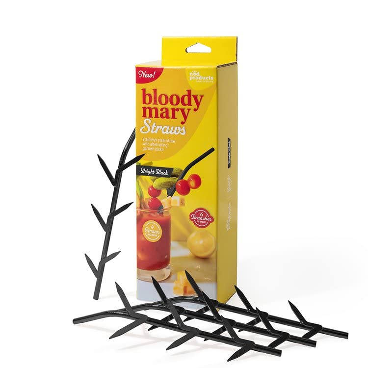 Nod Products Steel Straw and Skewer with Garnish Picks Bloody Mary Straw, 8-inch Length, Set of 4, Black