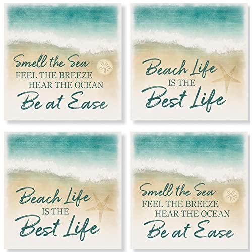 Carson Stoneware Coasters with Cork Back 4 Piece, Decorative Home Accents Square Stone Coaster Set, Beach Life Square House Coaster Set