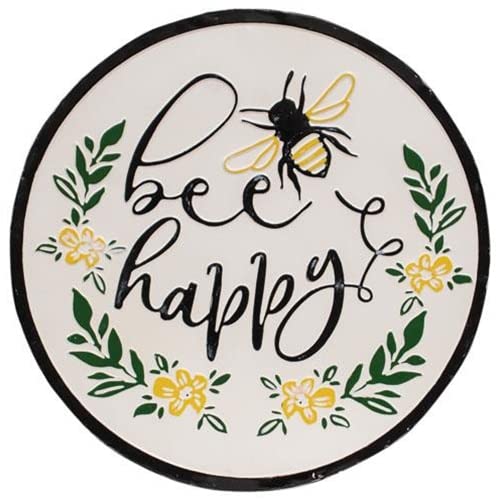 CWI Bee Happy Distressed Enamel Wall Sign for Spring Summer Home Decor: Black, White & Yellow 19.5"