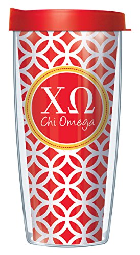 Freeheart Signature Tumblers Chi Omega Insignia Wrap on Red and White Roundabout 16 Ounce Double-Walled Travel Tumbler Mug with Cherry Red Easy Sip Lid