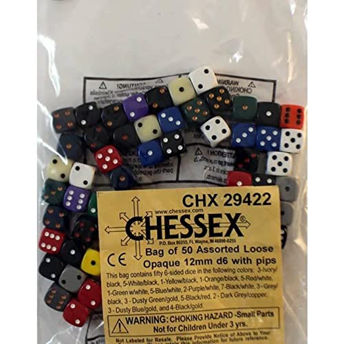 Chessex 29422 Assorted Loose Opaque 12mm d6 Dice, Bag of 50, Multicolor