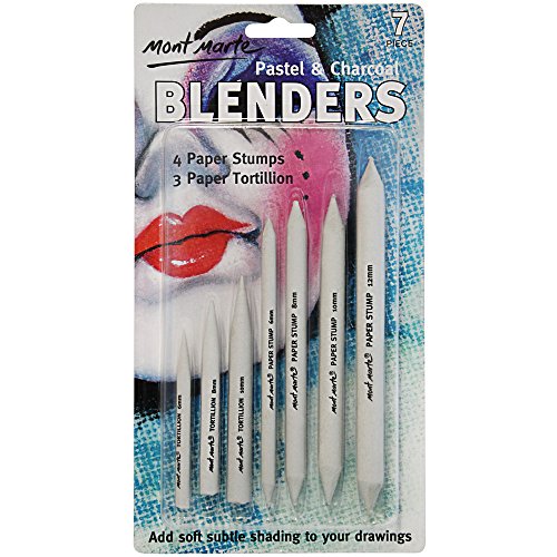 Mont Marte Pastel and Charcoal Blenders, 7 Piece. Comes with 4 Paper Stumps and 3 Paper Tortillions. Suitable for Use with Charcoals, Pastels and Graphite.