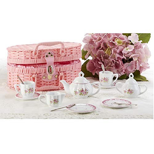 Delton Product Porcelain Tea Set in Basket Lavender and Roses
