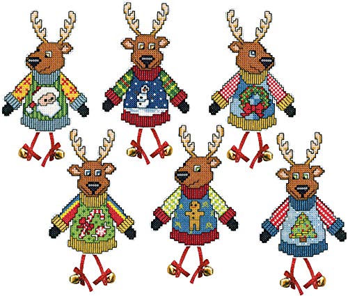 Design Works Crafts Ugly Sweater Reindeer Set/6 Counted Cross Stitch Ornament Kit
