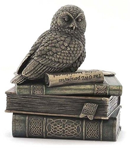 Unicorn Studio 4.75 Inch Snow Owl on Books Decorative Trinket Box, Bronze Color
