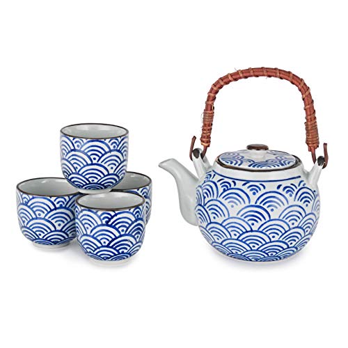 FMC Fuji Merchandise Corp Japanese Style Tea Set Porcelain Tea Pot 22 Fl Oz with Strainer and 4 Cups Set Seigaiha Waves Design