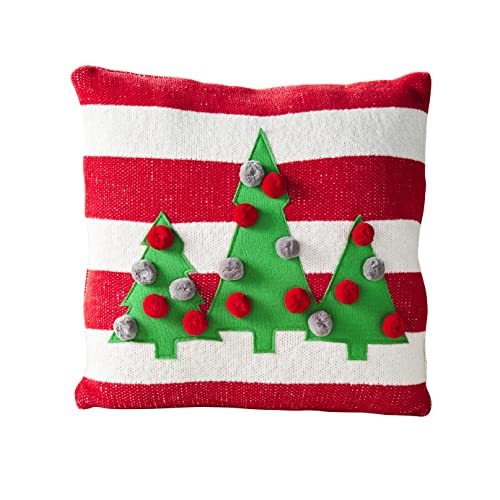 Mud Pie Knitted Christas Tree Applique Pillow, 18" x 18", Red/White 127 Count