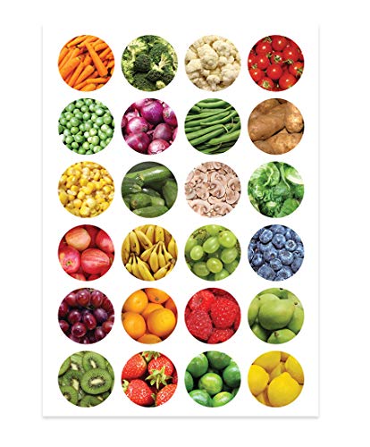 Hygloss Products Fruits & Veggies Stickers for Learning About Nutrition-Perfect for Arts, Crafts, Classroom & Much More-1‚Äù Round Self-Adhesive Stickers-24 per 3 Sheets, Circles