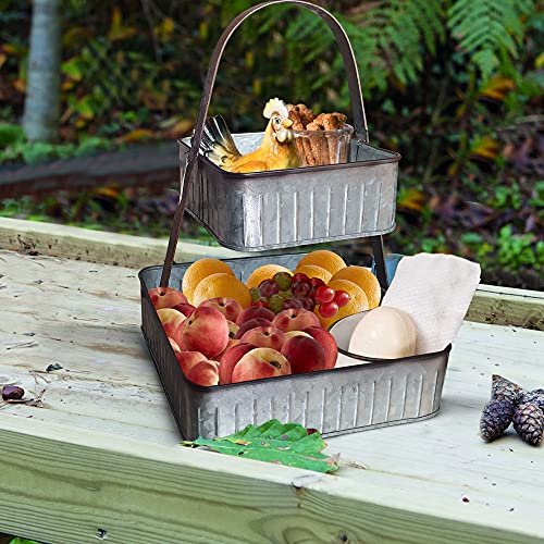 CTW Colonial Tin Works Rustic Industrial Farmhouse Chic Two Tiered Corrugated Square Tray,grey