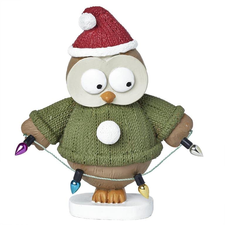 Blossom Bucket Owl with Santa Cap Holding String of Christmas Lights