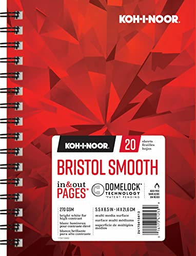 Chartpak Koh-I-Noor Bristol Smooth Bright White Paper Pad with In and Out Pages, 270 GSM, 5.5 x 8.5", Side Wire-Bound, 20 Sheets per Pad (26170410413)