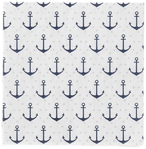 Boston International IHR 20-Count 3-Ply Cocktail Beverage Paper Napkins, 5 x 5-Inches, Anchor Dots Blue Grey