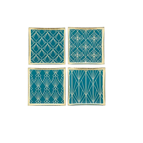 Ganz Square Art Deco Trinket Dish, Glass, 4.25 Inches Square, 0.12 Inch Height, Set of 4Blue