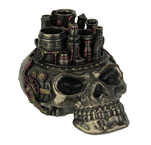 Unicorn Studio Veronese Design Bronze Finish Steampunk Style Human Skull Chimney Desktop Pen Holder