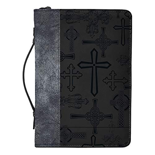 Divinity Cross Design Midnight Black and Silver Tone Medium Faux Leather Bible Cover