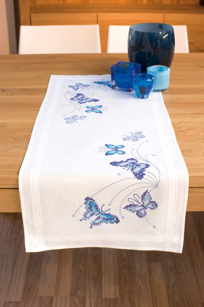 Vervaco Cross Stitch Table Runner Kit Blue Butterflies 16" x 40"
