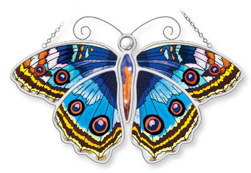 Amia Blue Pansy Butterfly Hand Painted Glass Suncatcher, 10-1/2-Inch