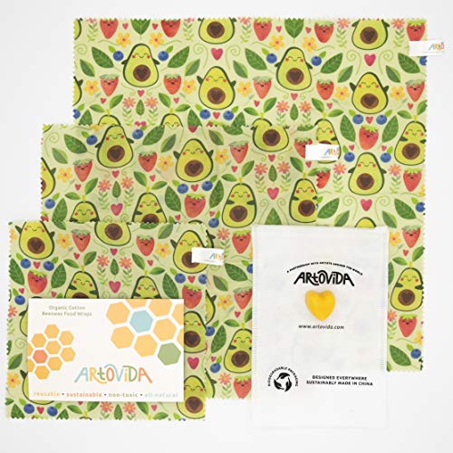 ARTOVIDA Artists‚Äô Collective Organic Beeswax Food Wraps, "Happy Avocado" by Elizabeth Frederiksson (Sweden) | Reusable Biodegradable No-Plastic Food Storage, Set of 3 Sizes