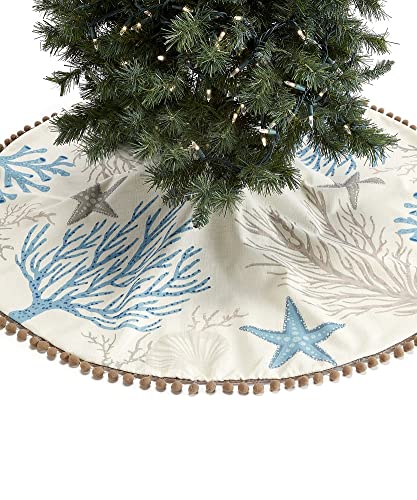Giftcraft 682936 Christmas Embroidered Coral and Starfish Tree Skirt with Pom-Pom Trim, 48 inch, Polyester and Plastic