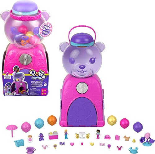 Mattel Polly Pocket Gumball Bear Playset, 4 Play Spaces, 32 Play Pieces: 2 Dolls, Non-Edible Gumballs & Reloadable Gumball Feature, 4 Years Old & Up