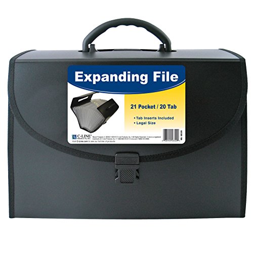 C-Line 21-Pocket Poly Expanding File with Handle, Includes Tabs, Locking Closure, Legal Size, Black (58320)