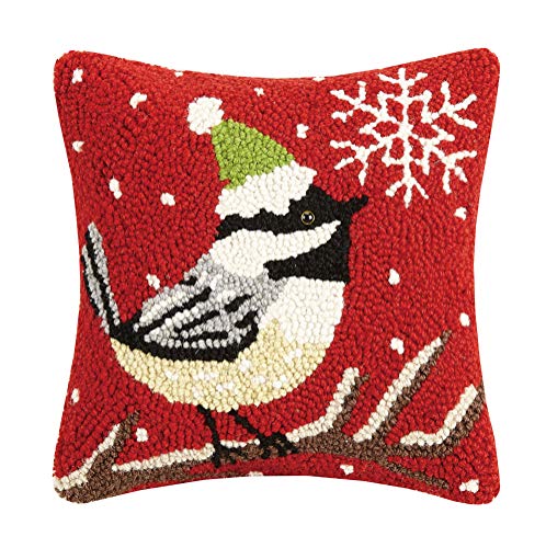 Peking Handicraft 31TG124C10SQ Chickadee with Snowflake Holiday Hook Pillow, 10-inch Square