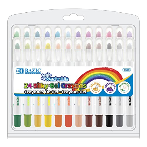 BAZIC Silky Gel Crayons 24 Color, Washable Blendable Non Toxic Watercolor Crayon for Coloring Book (24/Pack), 1-Pack