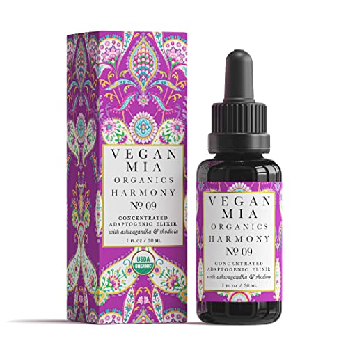 Vegan Mia Organics - Harmony Adaptogen Concentrated Face Oil Serum - with Licorice Root, Ashwagandha & Rhodiola Infused in Argan, Jojoba & Marula Facial Oils Calm Redness, Nourish, Brighten & Hydrate for Naturally Glowing Skin, 1 fl oz