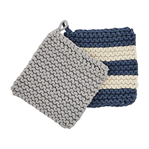 Mud Pie Crochet Pot Holder Set, 8" x 8", Blue/Gray
