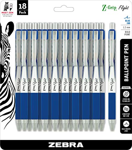 Zebra Pen Z-Grip Flight Retractable Ballpoint Pen, Bold Point, 1.2mm, Blue Ink, 18-Pack (21218)