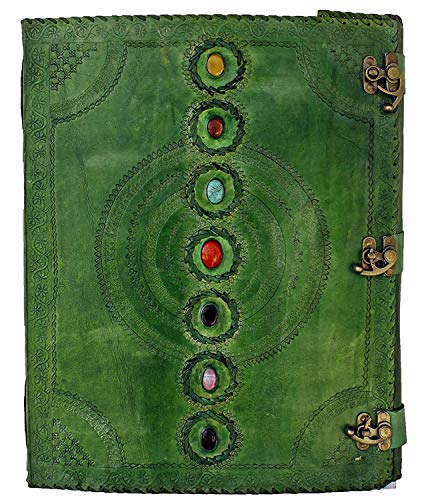 TUZECH Seven Chakra Medieval Stone Embossed Handmade Jumbo Leather Journal Book of Shadows Notebook Office Diary College Poetry Sketch (Green, 13 Inches)