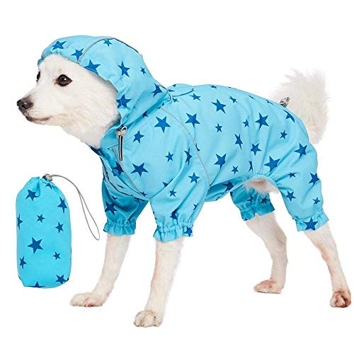 Blueberry Pet 20" Star Prints Lightweight Reflective Waterproof Dog Raincoat with Hood & Harness Hole, Blue, Outdoor Rain Gear Jacket 4 Legs for Large Dogs
