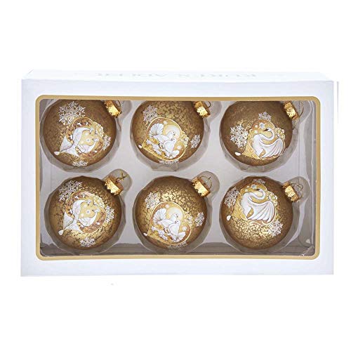 Kurt Adler Adler 80MM Gold with Swan, Dove and Peacock Decals Glass Ball, 6-Piece Boxed Ornament Set, Multi, 6 Count