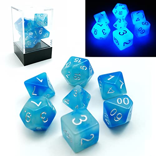Bescon Dice Gemini Glowing Polyhedral Dice 7pcs Set ICY Rocks, Luminous RPG Dice Set d4 d6 d8 d10 d12 d20 d%, Brick Box Packaging
