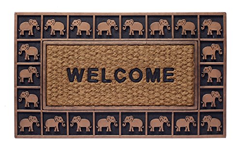 Larry Traverso Boho Market Rubber and Coir Flatweave Doormat, 18 x 30 inches, Durable, Sustainable, Antique Bronze Elephant Border Design, Brown, Black