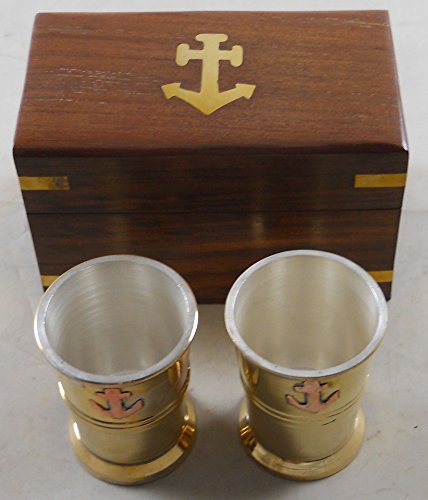 Moby Dick Specialties 2 Brass Shot Glasses w/ Anchors in Custom Wooden