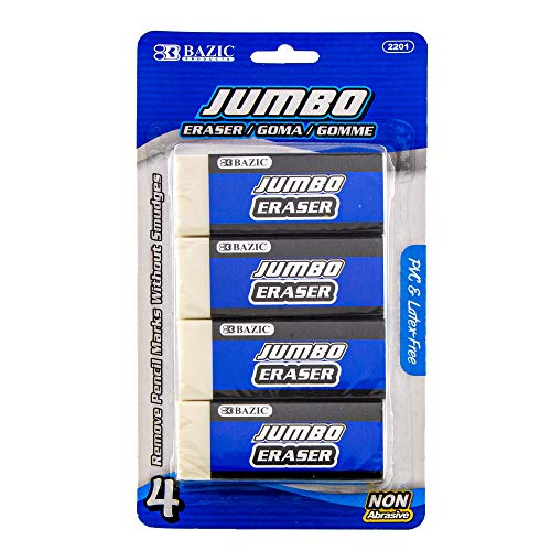 BAZIC Jumbo Vinyl Eraser (4/Pack), Latex Free, White Large Size Bulk Block Erasers for Art School Office Kids Teachers, Non Abrasive, Whiteout Smudges, 1-Pack