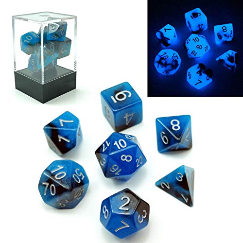 Bescon Dice Two-Tone Glow-in-The-Dark Polyhedral Dice Set Blue Dawn, Luminous RPG Dice Set d4 d6 d8 d10 d12 d20 d% Brick Box Pack