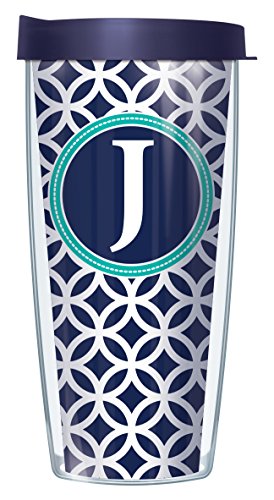 Freeheart Signature Tumblers"J" Monogram Insignia Wrap on Navy and White Roundabout 16 Ounce Double-Walled Travel Tumbler Mug with Navy Blue Easy Sip Lid