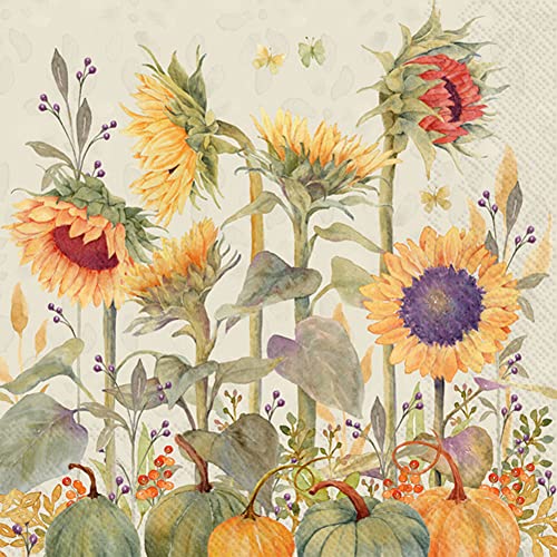 Boston International IHR Floral Fall Autumn Thanksgiving 3-Ply Paper Napkins, 20-Count Lunch Size, Sunflowers