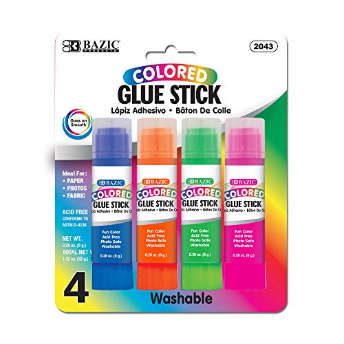 BAZIC 8g/0.28 Oz Washable Colored Glue Stick, Multi-Purpose Acid Free, Glue Sticks Set Ideal for Photos Paper Kids Art Craft at School Home Office (4/Pack), 1-Pack