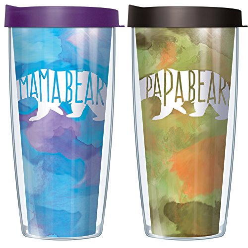 Freeheart Signature Tumblers Mama Bear and Papa Bear Wrap on Green Watercolor 16 Ounce Double-Walled Travel Tumbler Mugs with Eggplant Purple and Black Easy Sip Lids; Set of 2