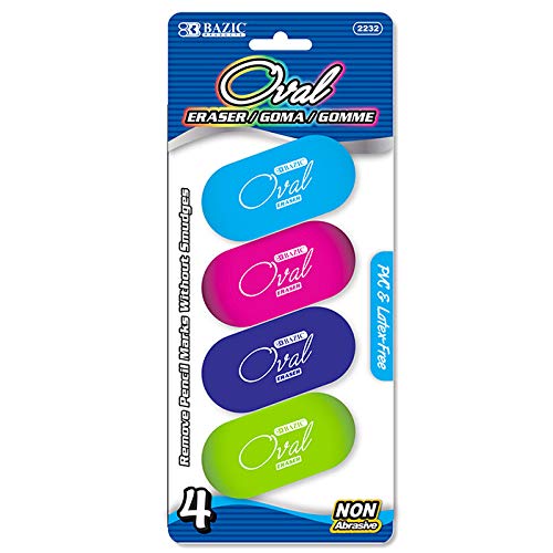 Bazic Bright Color Oval Eraser - 4/Pack