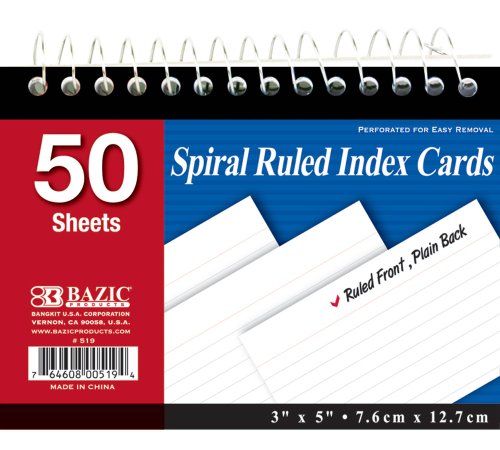 BAZIC 50 Ct. Spiral Bound 3" X 5" Ruled White Index Card