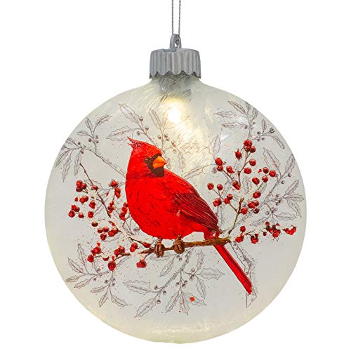 Roman Cardinal On Holly Branch Winter Forest Red 6 x 5 Glass Holiday Hanging Ornament