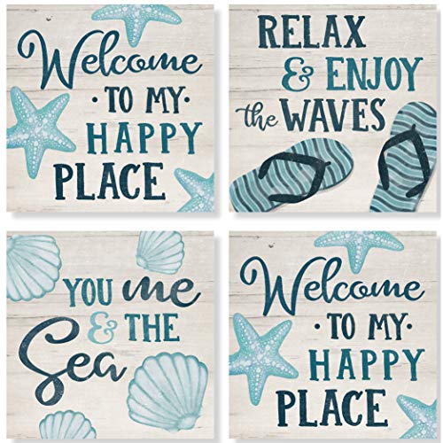 Carson SS74412 Happy Place Beach Square House Coaster Set of 4, 4-inch Diameter, Multicolor