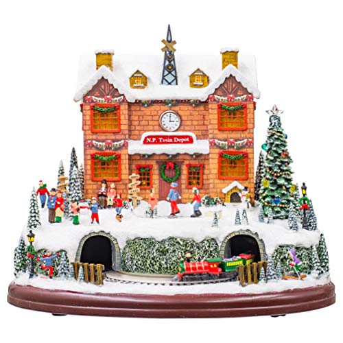 Roman LED Rotating Muscial Holiday Village 12 x 10 Wood Holiday Polar Train Station