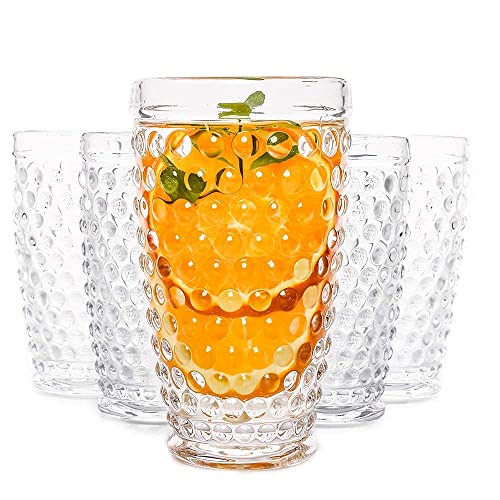 EVEREST GLOBAL Hobnail Highball Glasses set of 6, 13 oz Old Fashioned Iced Beverage Vintage Set for Milk Beer Soda Juice Whiskey Perfect for Dinner Table Parties Bars Restaurants (Crystal Clear)