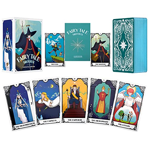 PRIME MUSE Fairy Tale Tarot Cards for Beginners - Spiritual Reading Deck with Guidebook - 78-Card Set with Glossy Edges, 16 Extra Court Cards - Rider Waite Pack with Anime Characters, Princesses