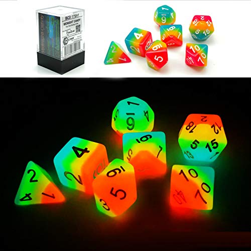 Bescon Dice Fantasy Rainbow Glowing Polyhedral Dice 7pcs Set Midnight Candy, Luminous RPG Dice Set Glow in Dark, Novelty DND Game Dice d4 d6 d8 d10 d12 d20 d% in Brick Box